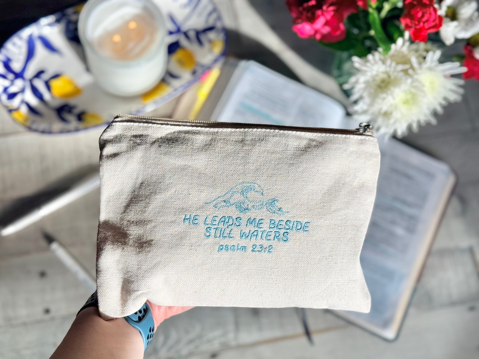 "He Leads Me Beside Still Waters" Zippered Canvas Pouch