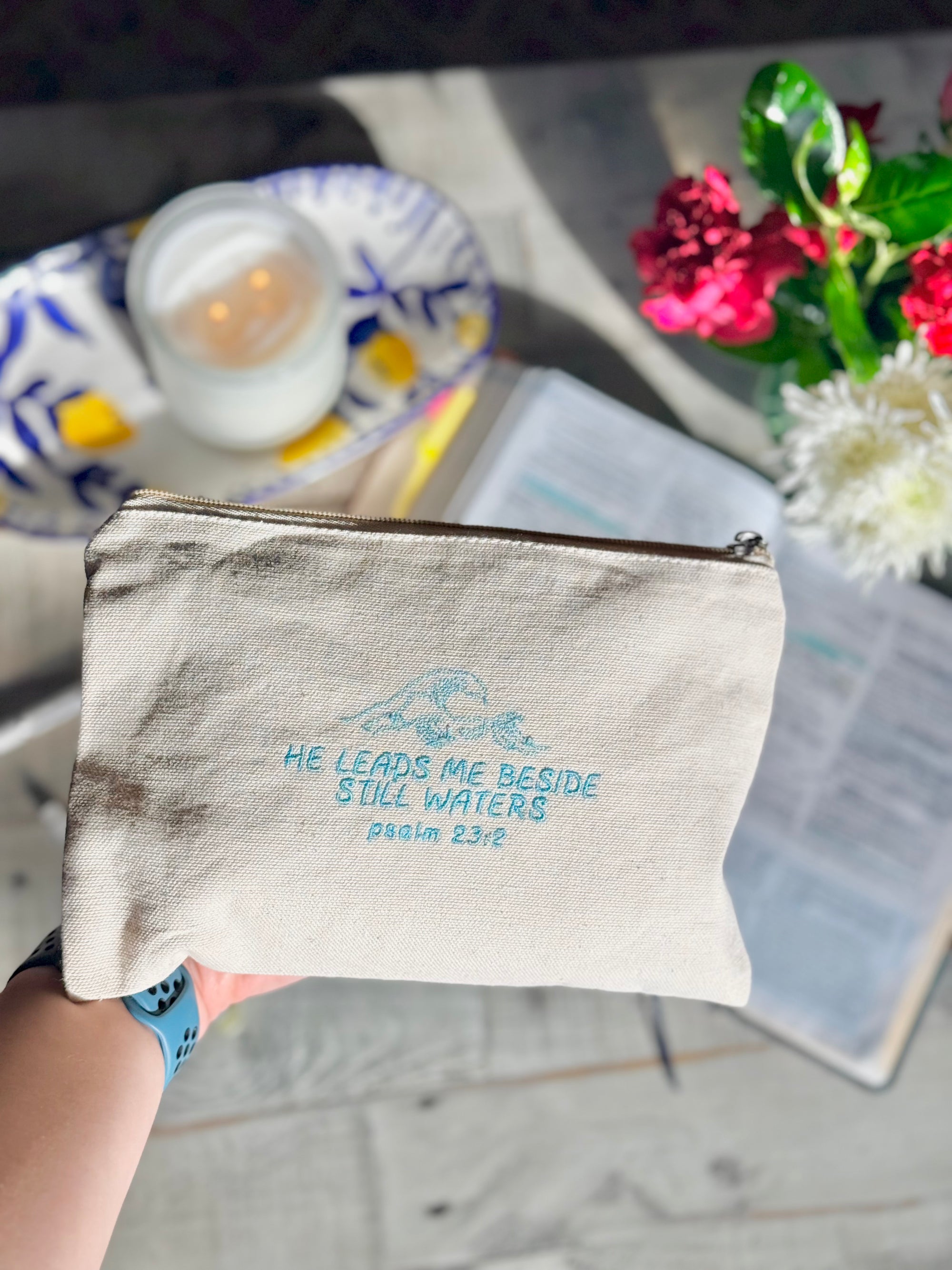 "He Leads Me Beside Still Waters" Zippered Canvas Pouch