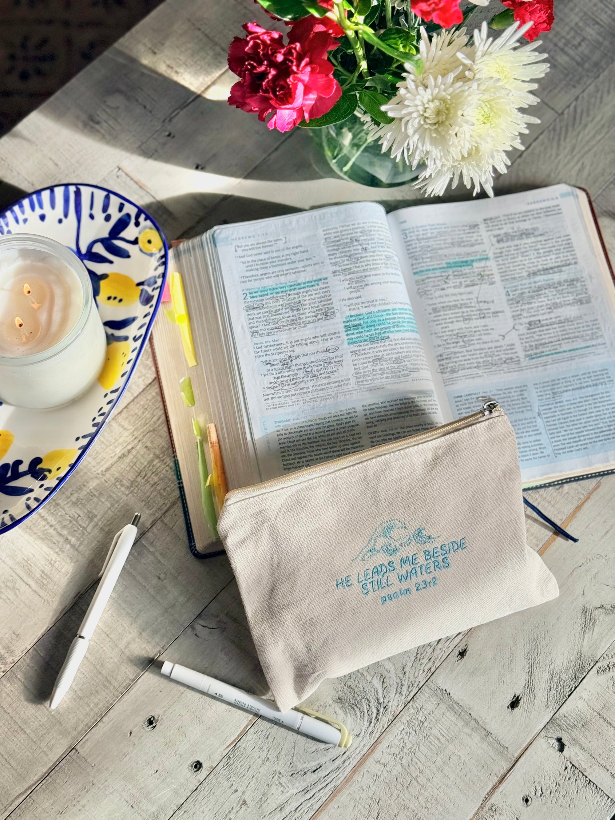 "He Leads Me Beside Still Waters" Zippered Canvas Pouch