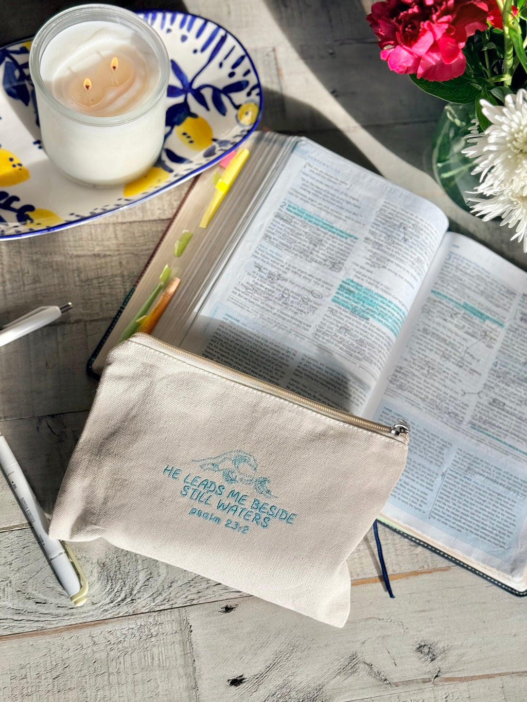 "He Leads Me Beside Still Waters" Zippered Canvas Pouch