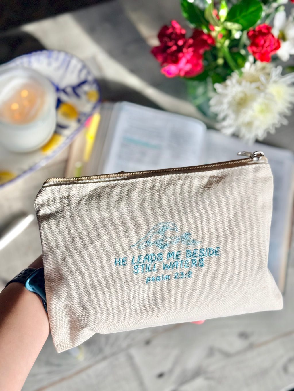 "He Leads Me Beside Still Waters" Zippered Canvas Pouch