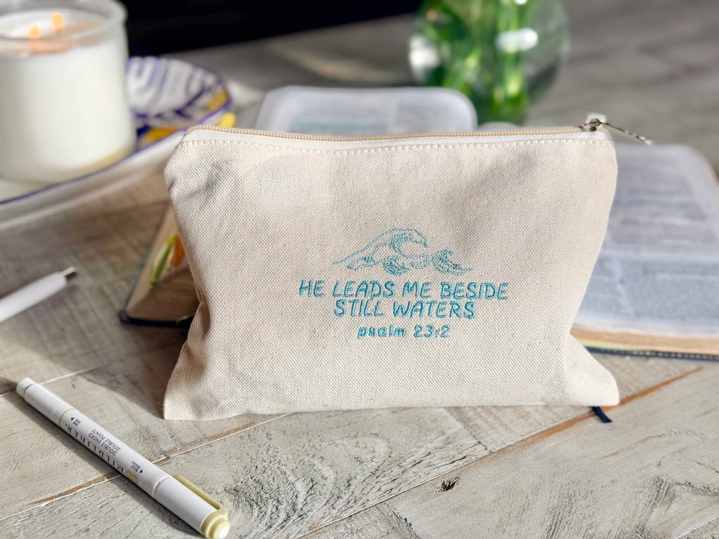 "He Leads Me Beside Still Waters" Zippered Canvas Pouch