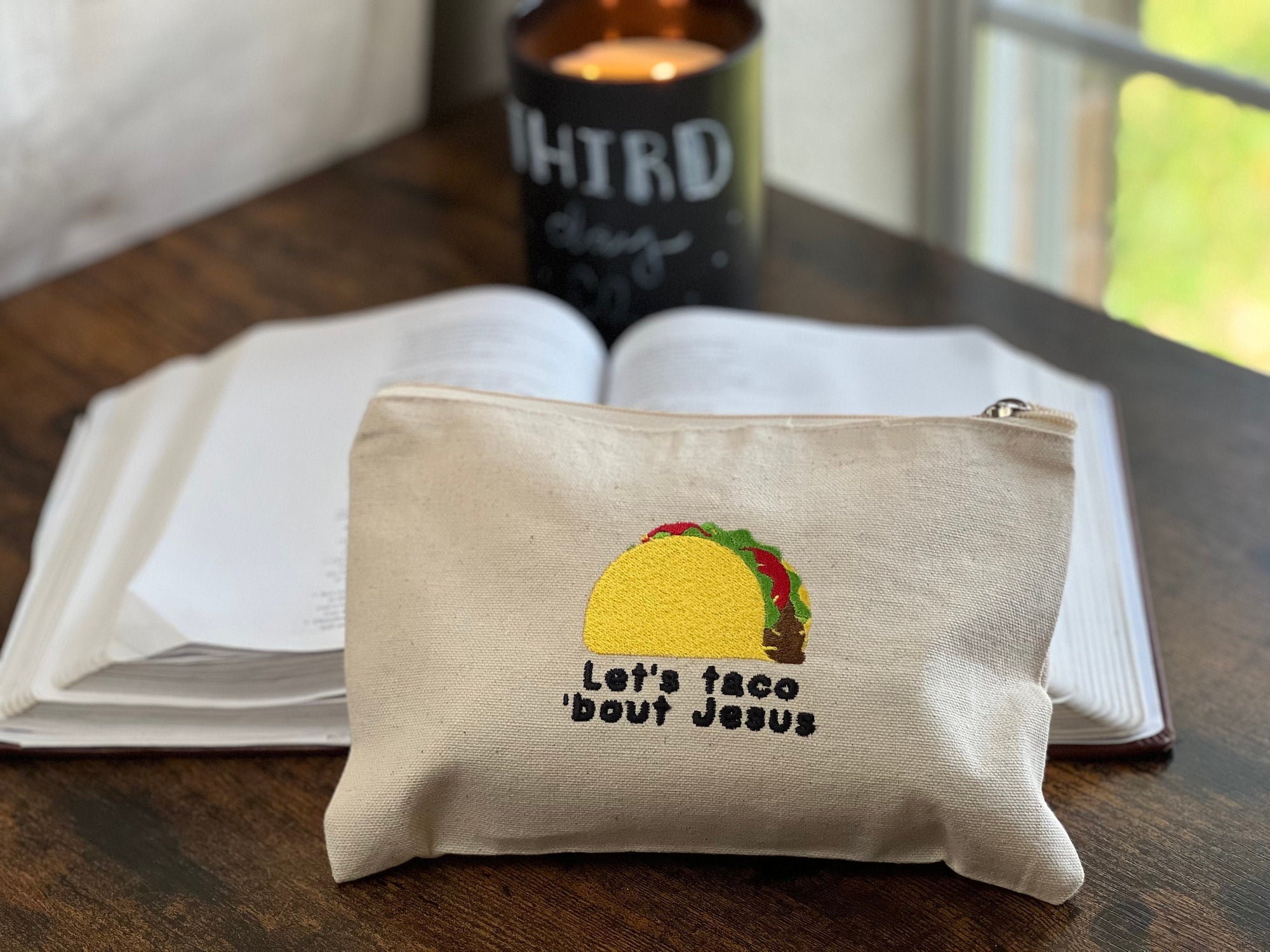 "Let’s Taco ’Bout Jesus" Embroidered Zippered Canvas Pouch