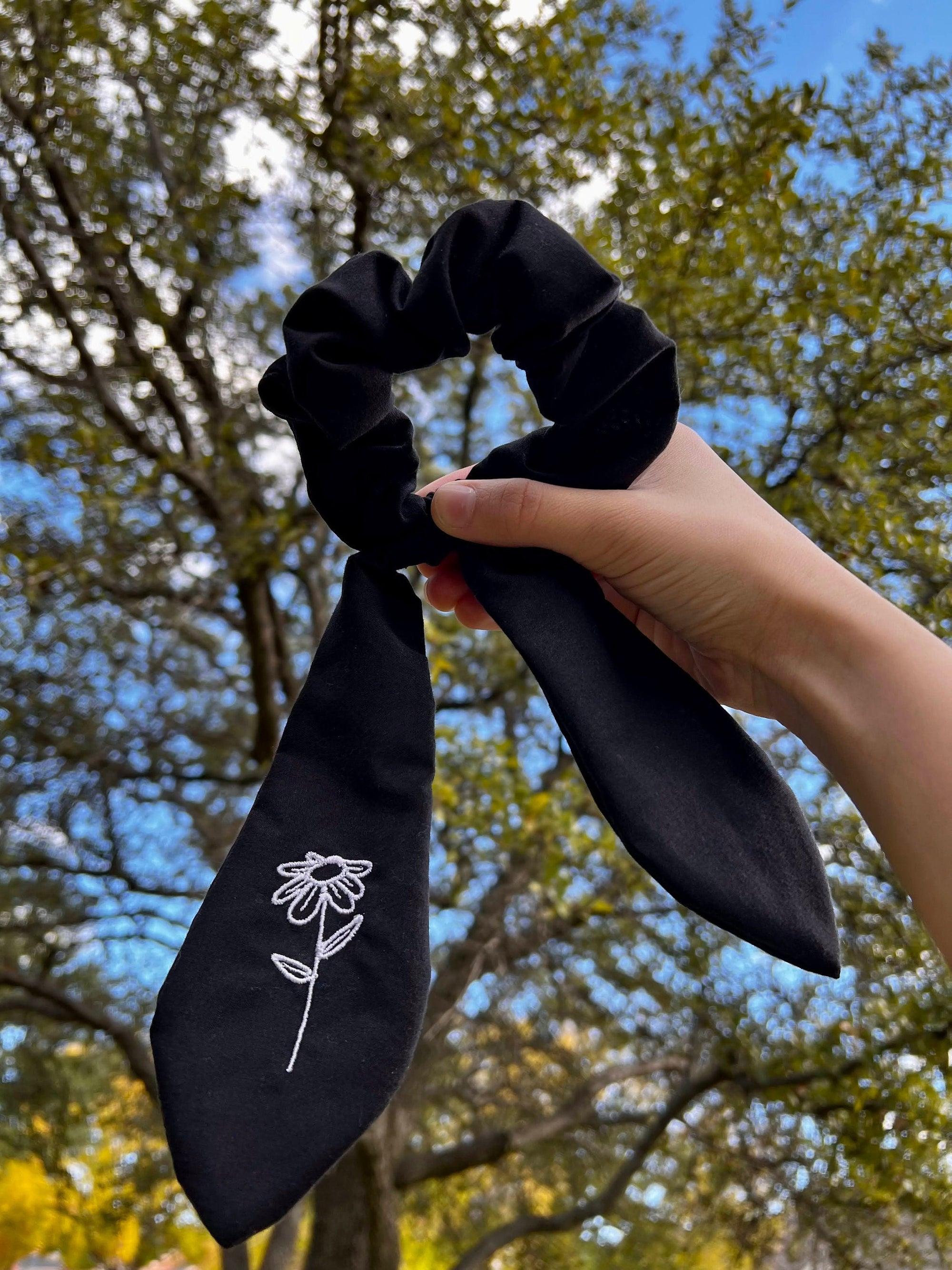 Black Scrunchie with Embroidered Flower Tail