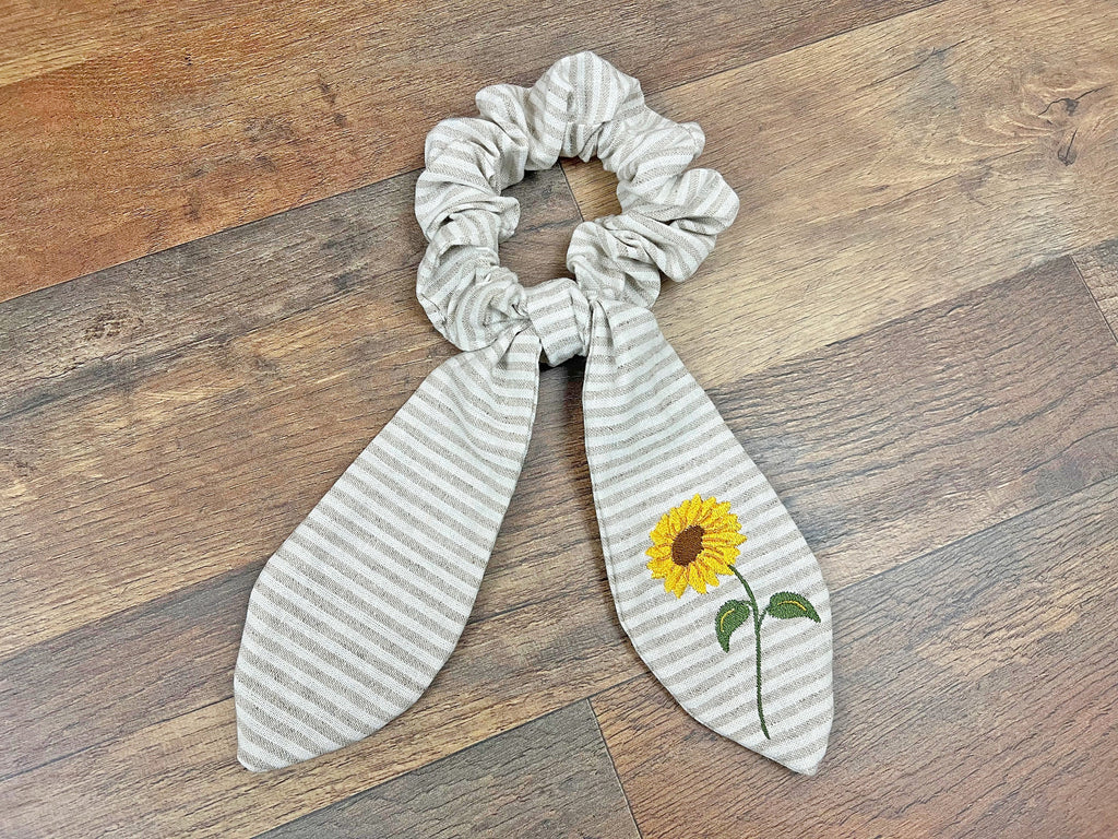 Embroidered Sunflower Hair Bow | Linen Scrunchie