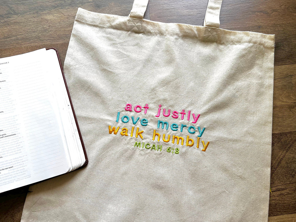 “Act Justly, Love Mercy, Walk Humbly” Tote Bag | Bright & Bold Edition