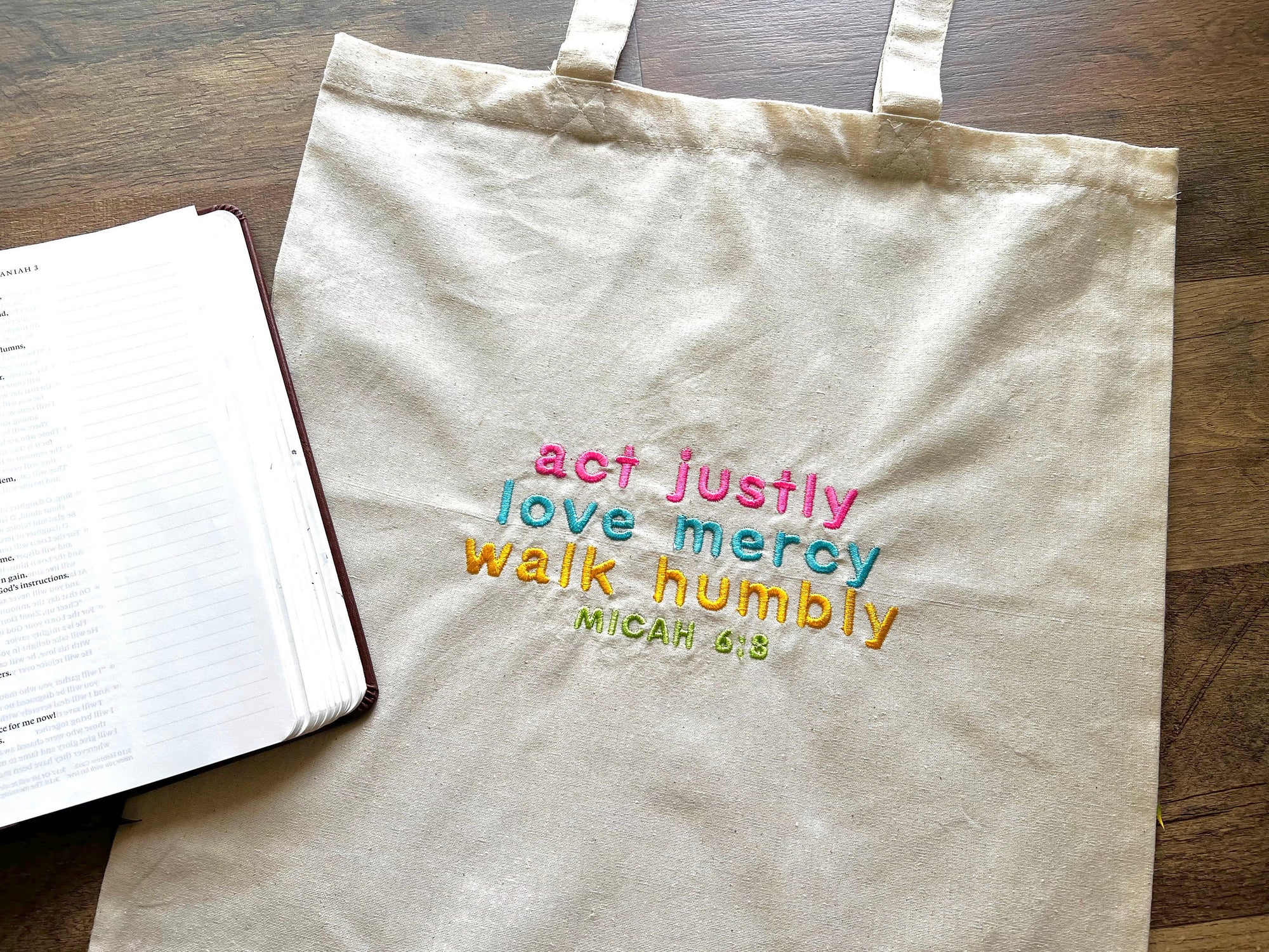 “Act Justly, Love Mercy, Walk Humbly” Tote Bag | Bright & Bold Edition