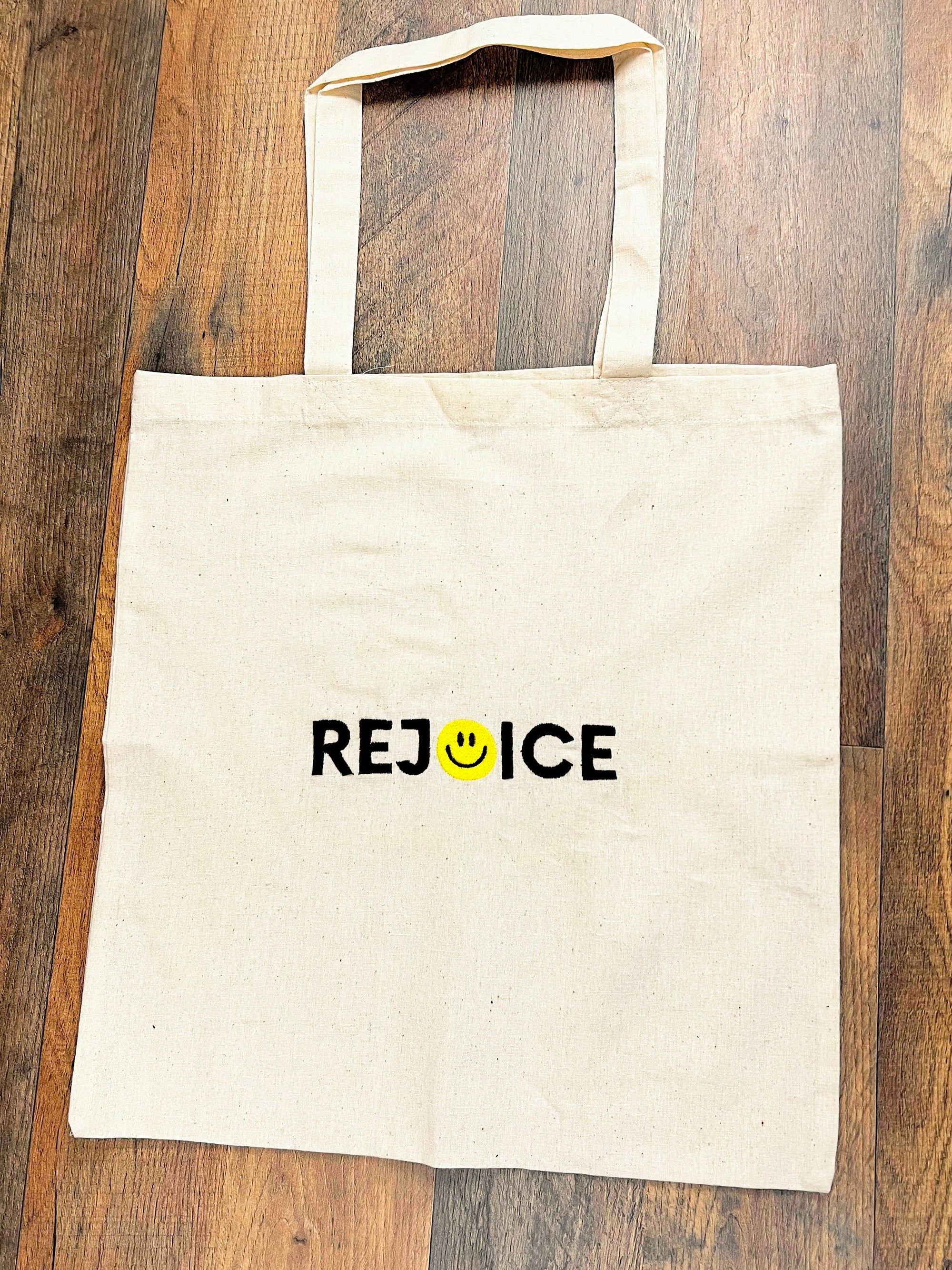 “Rejoice” Smiley Face Tote Bag