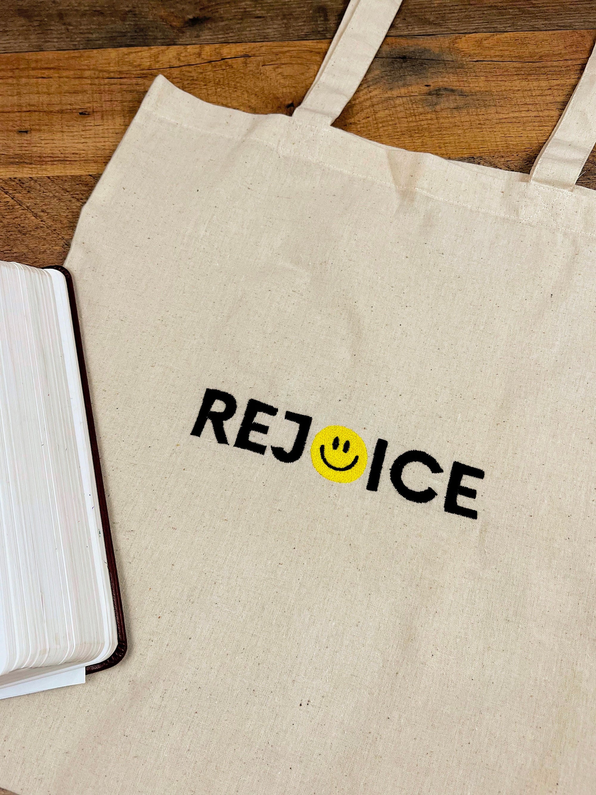“Rejoice” Smiley Face Tote Bag
