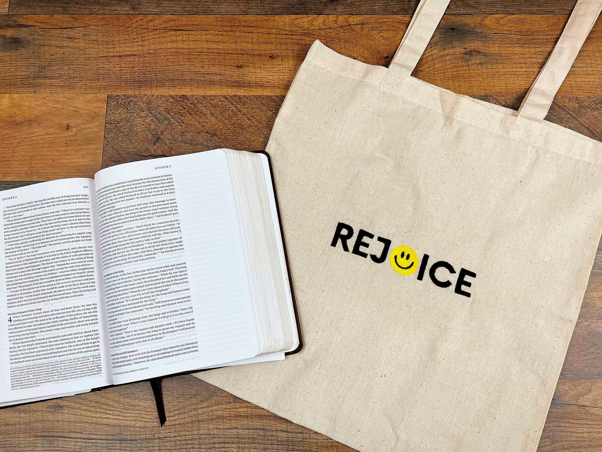“Rejoice” Smiley Face Tote Bag