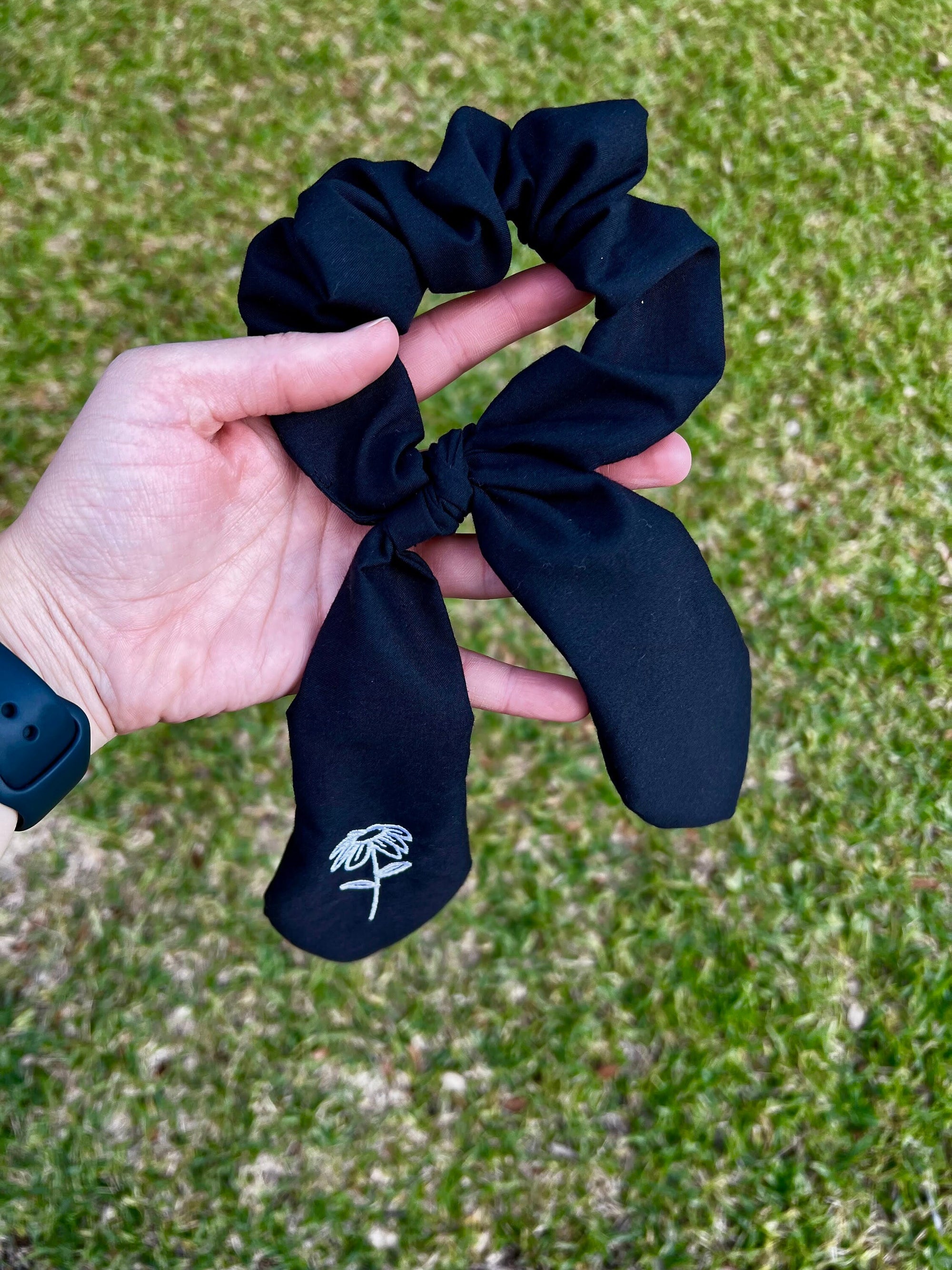 Black Scrunchie with Embroidered Flower Tail