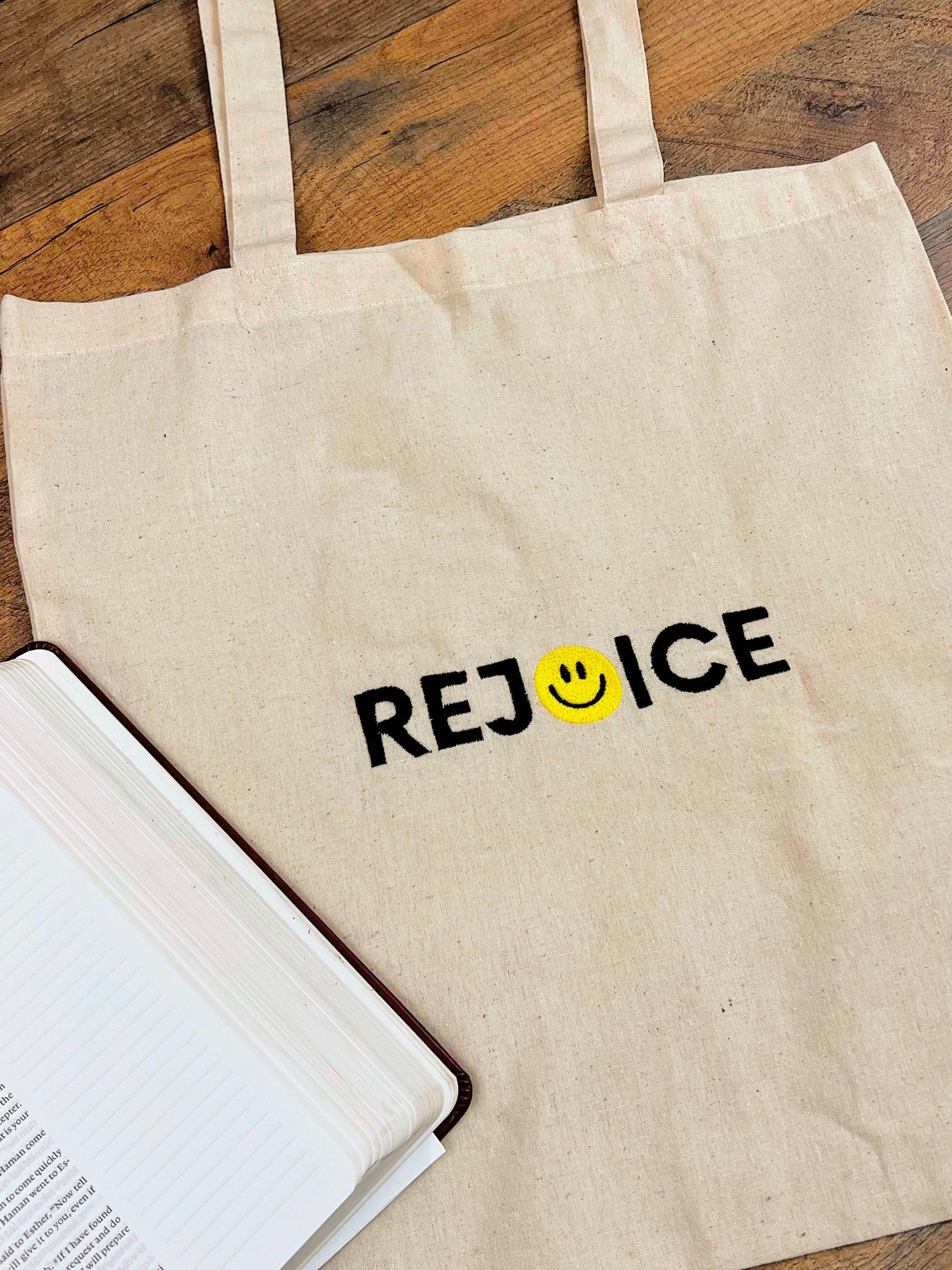 “Rejoice” Smiley Face Tote Bag