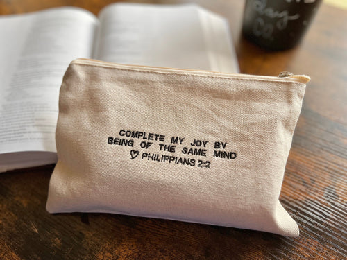"Complete my Joy" Zippered Canvas Pouch - Philippians 2:2